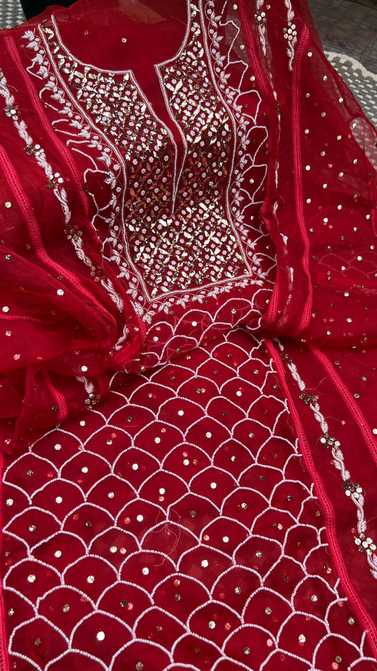 Red Mukaish Pearl work Pure Organza kurta with dupatta