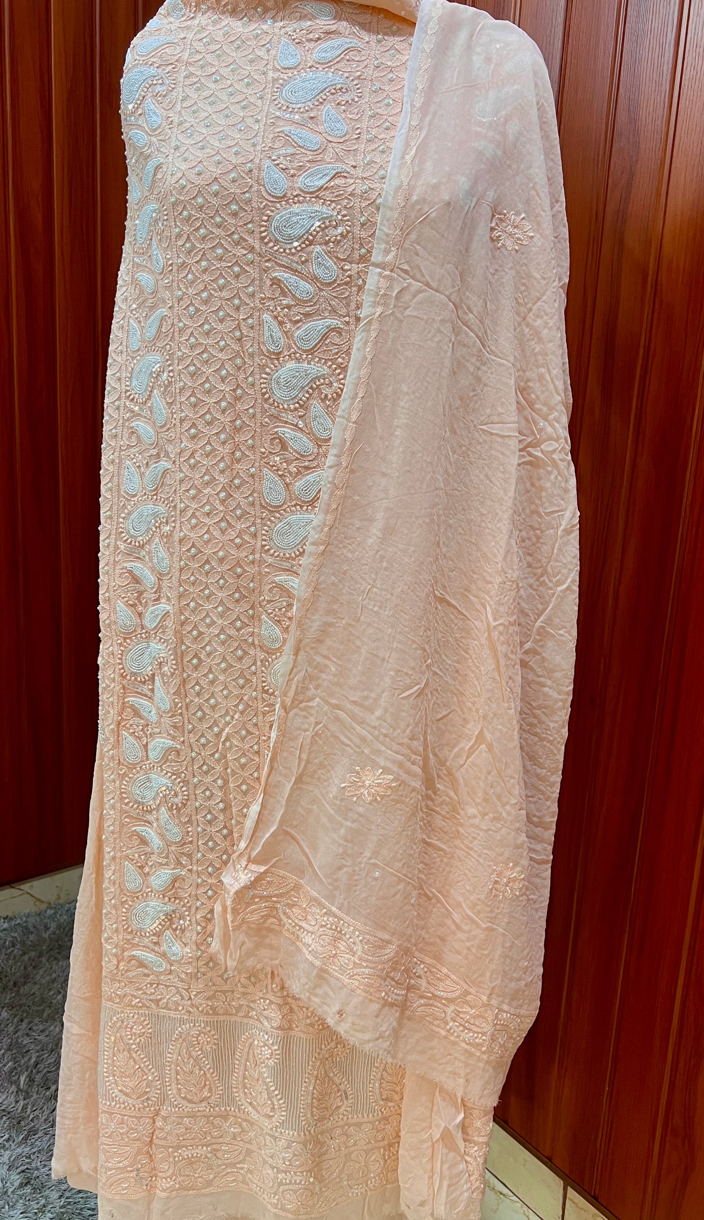 Peach Chikankari Pearl and Cut Dana Kurta and Dupatta