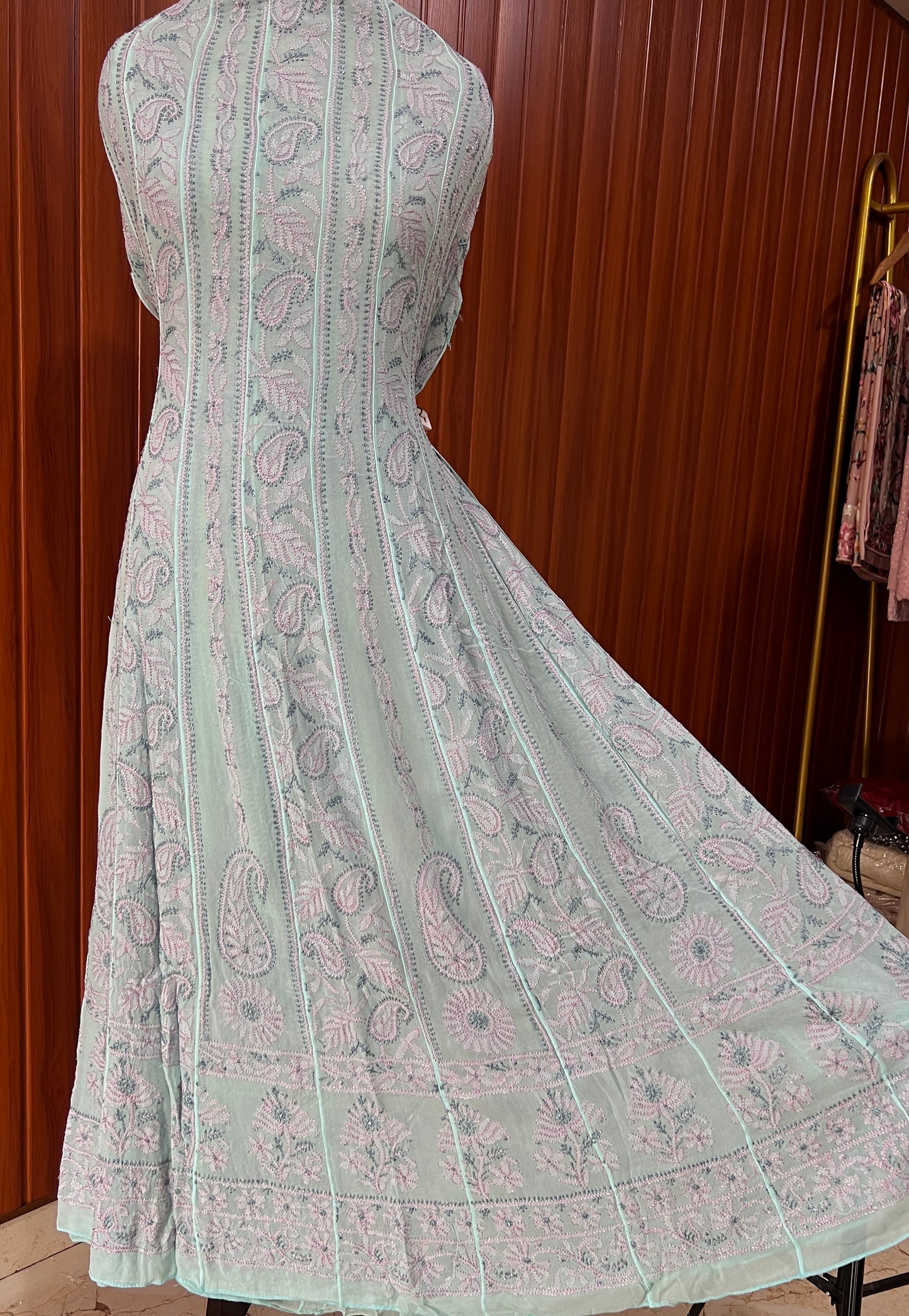 Firozi Resham Chikankari Embroidered Anarkali with Dupatta