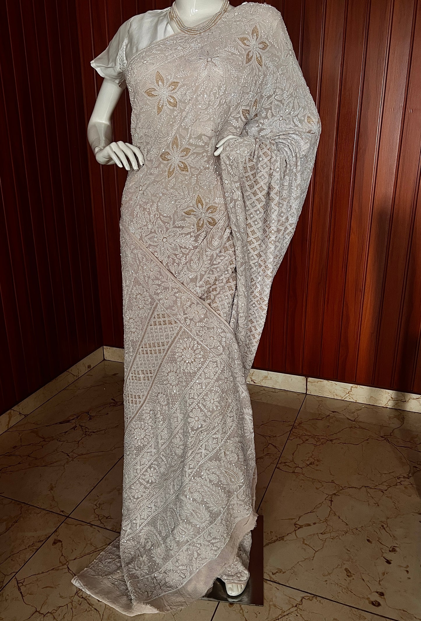Ruhani Nude Champagne Chikankari and Cut Dana Saree