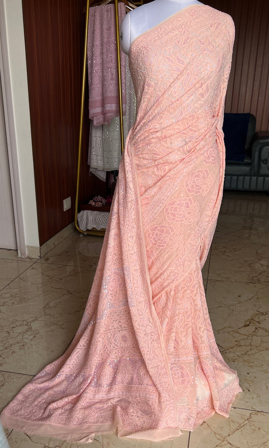 Ruhani Blush Peach Chikankari Cut Dana and Sequins Saree