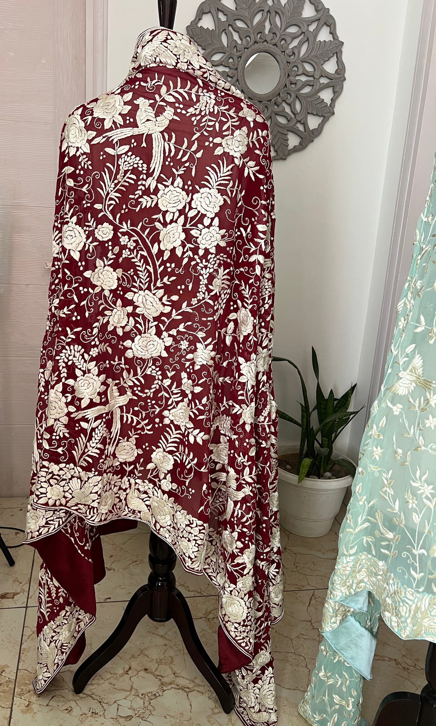 Ruby Red Masterpiece Heavy Parsi Gara Hand Embroidered Dupatta