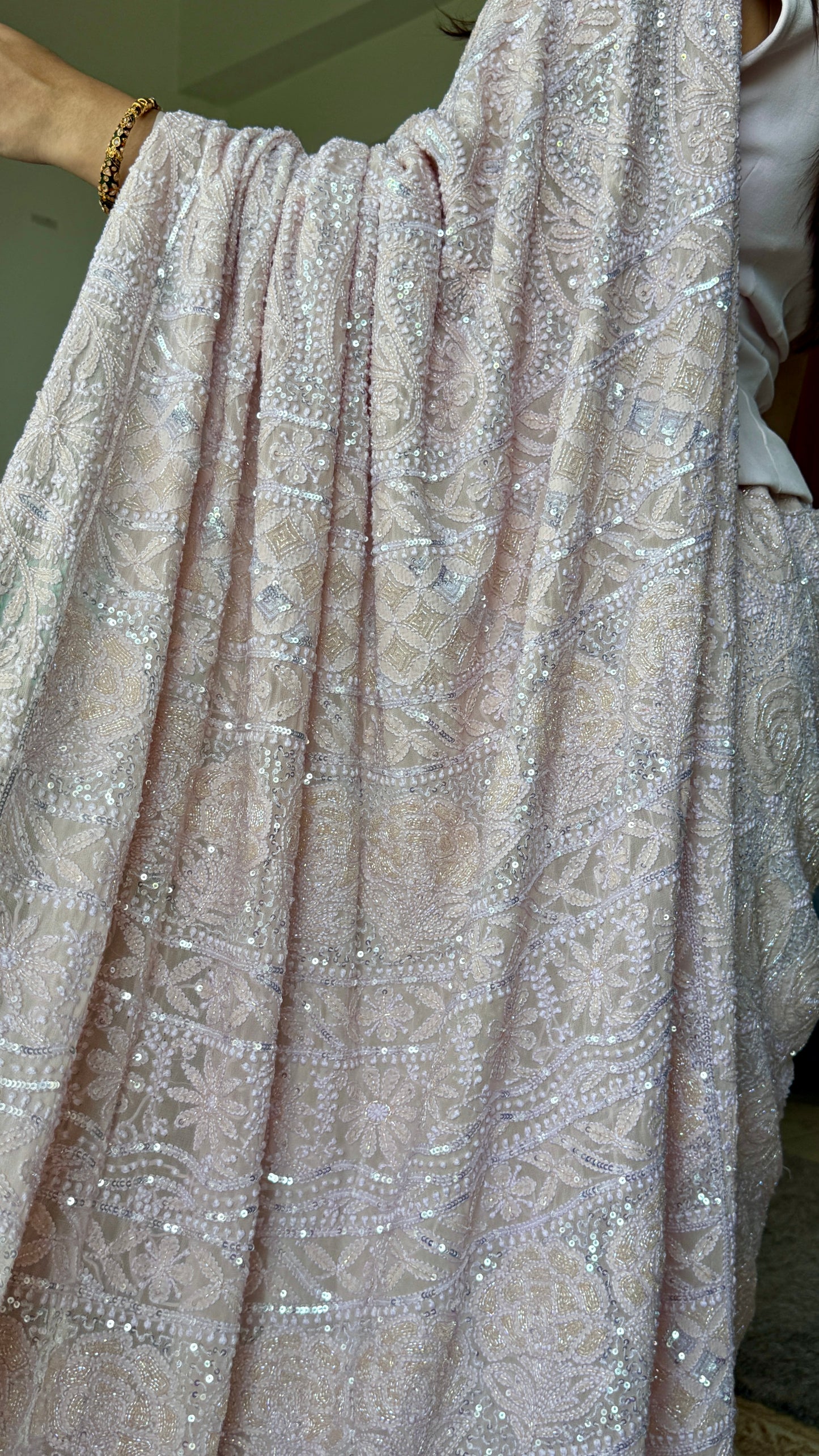 Gulaab Dusty Pink Masterpiece Chikankari Sequins and Cut Dana Saree