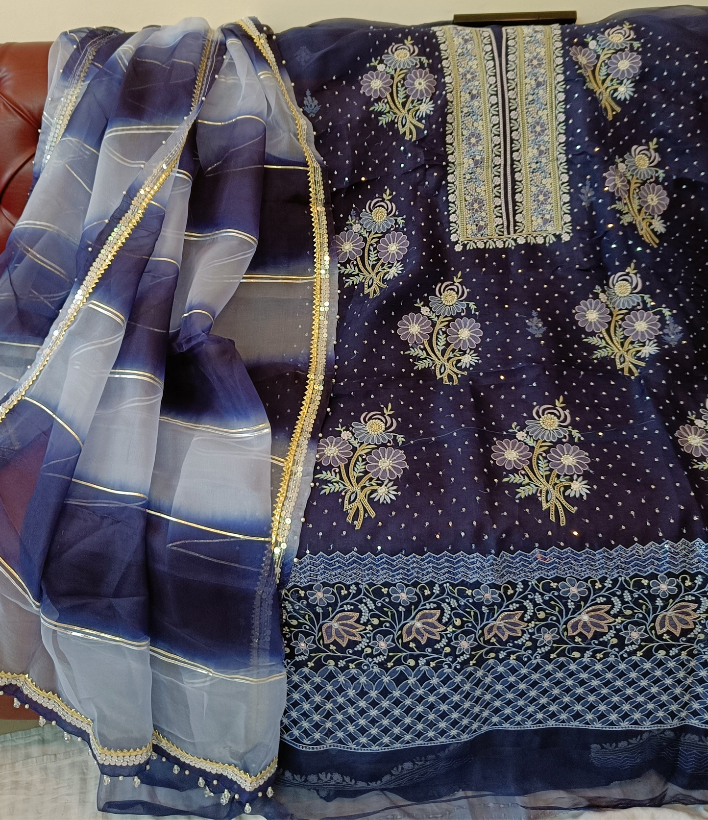 Ruhani Navy Blue fine Chikankari pure Organza kurta with dupatta