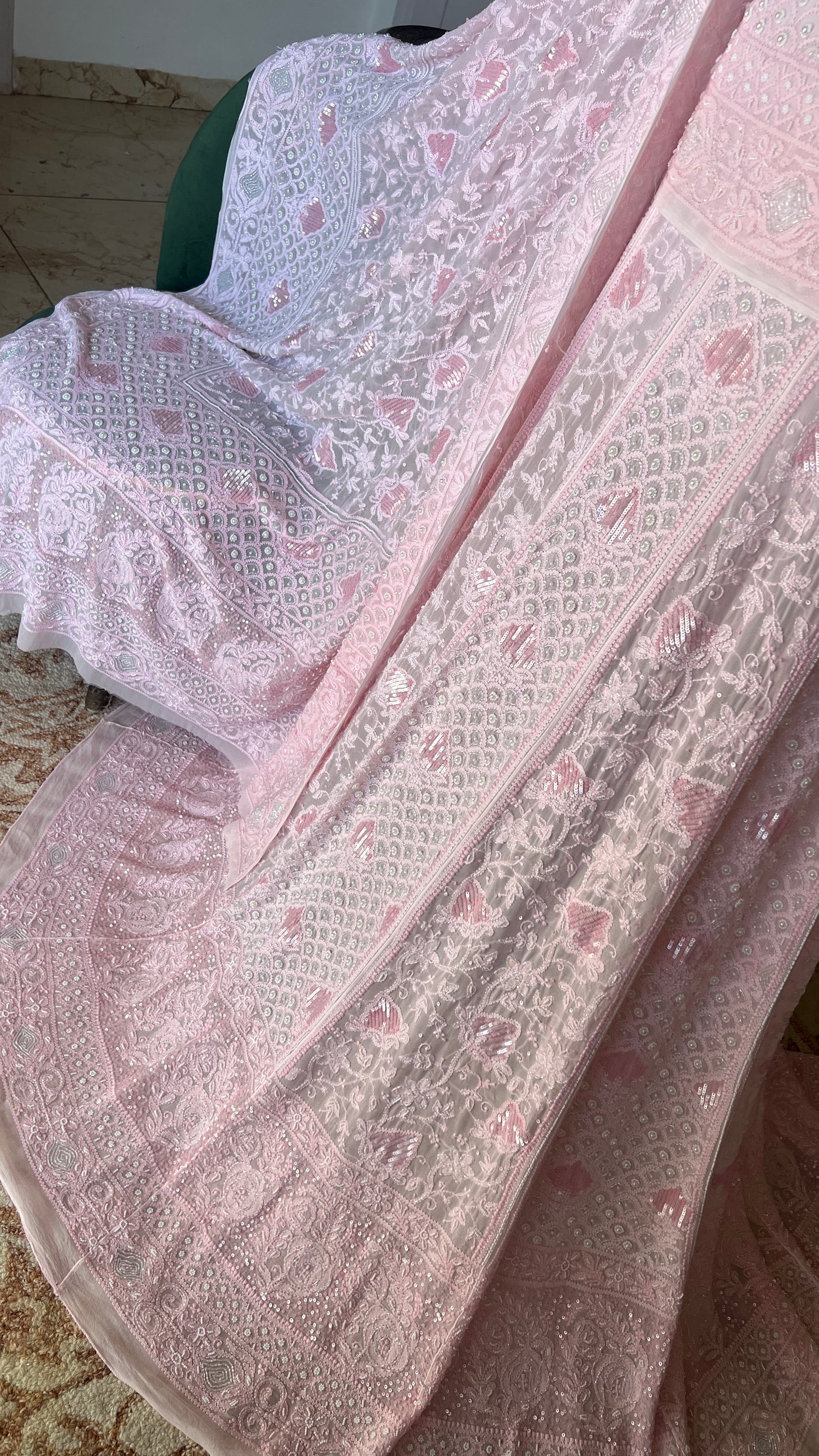 Ruhani Peachish Pink Chikankari Cut Dana Sequins Wedding Lehenga