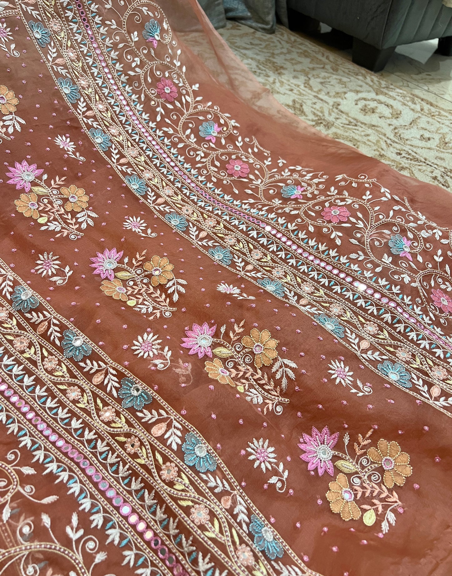 Ruhani Rusty Rose fine Chikankari pure Organza kurta with dupatta