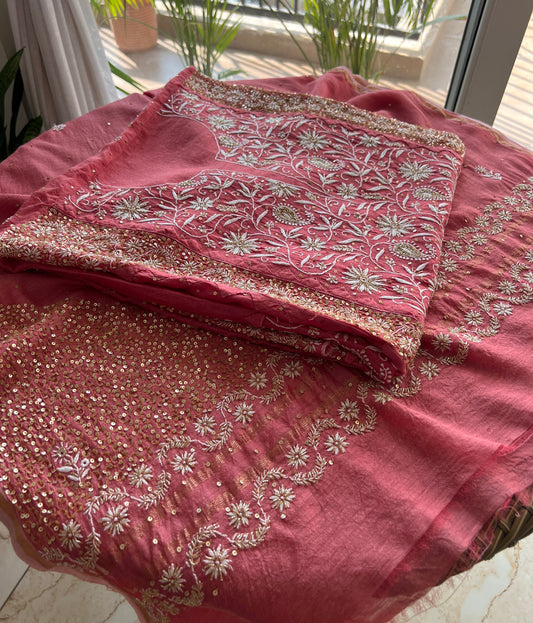 Moonga Silk Chikankari golden cut dana sequins kurta and dupatta