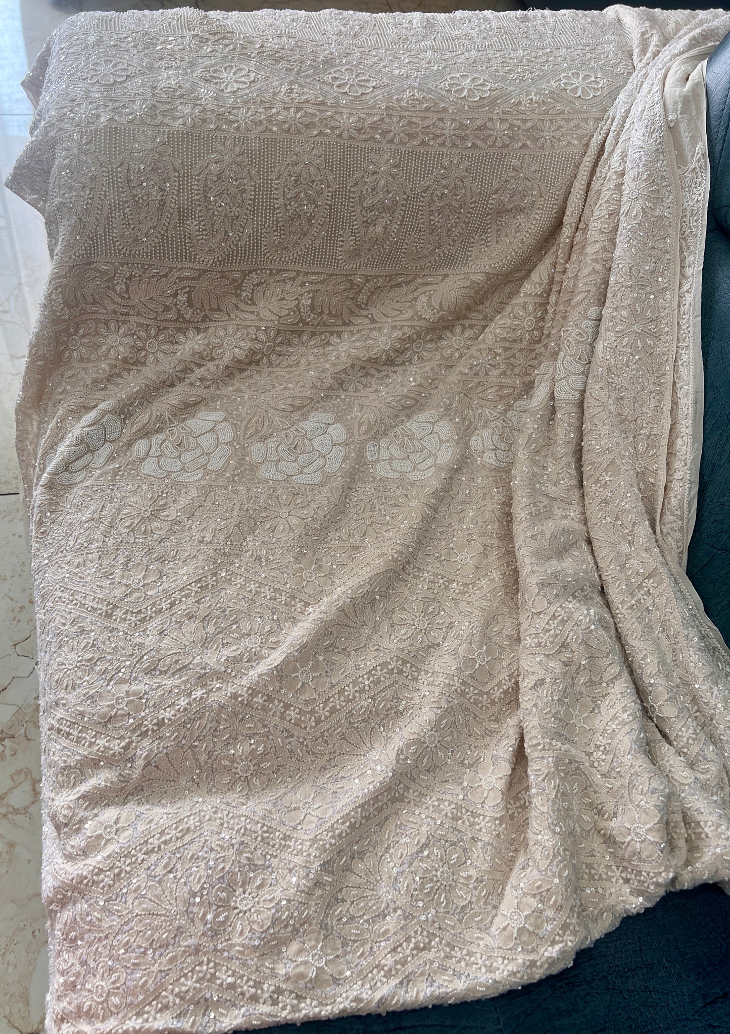 Ruhani Champagne Chikankari Cut Dana and Sequins Saree