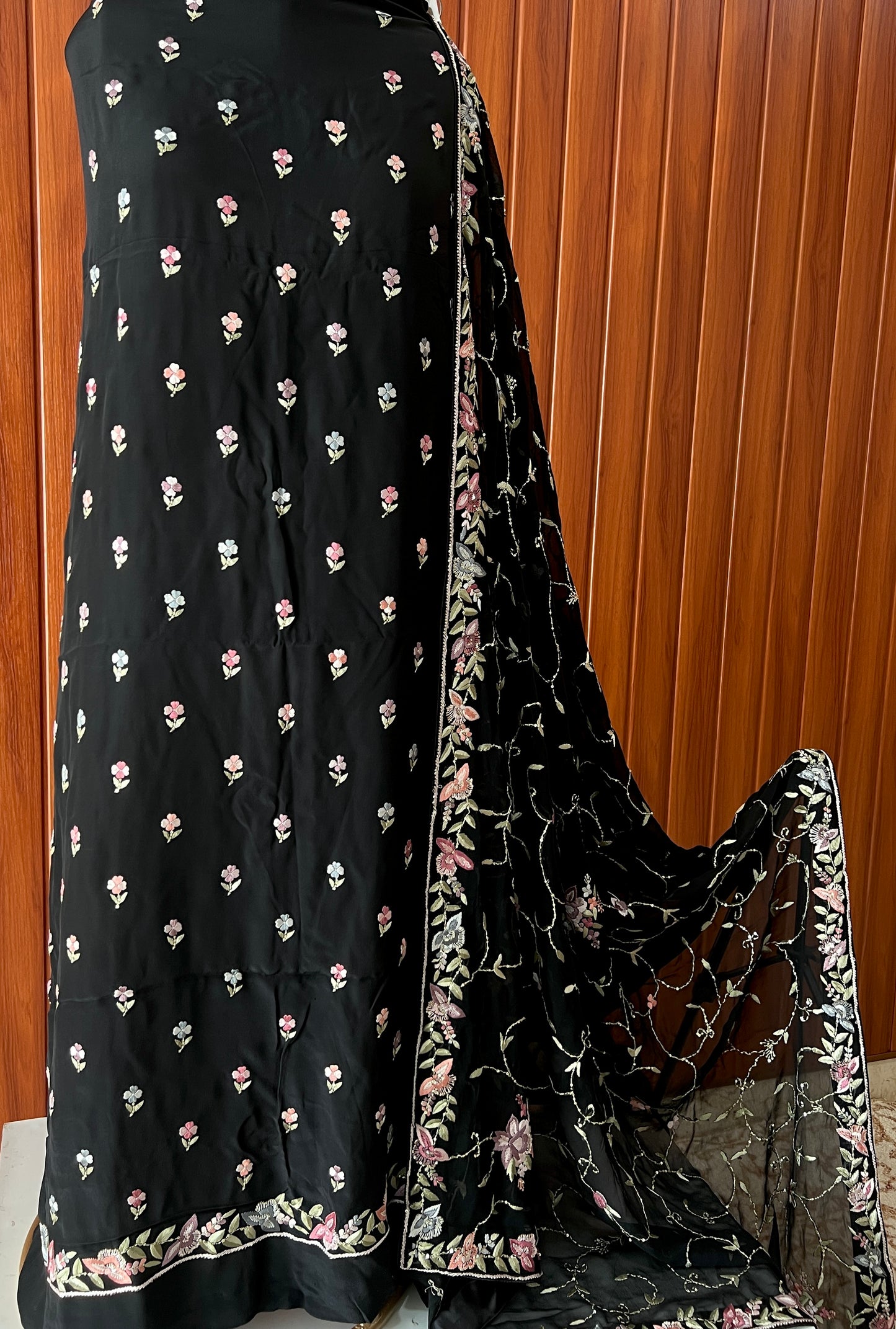 Black hand embroidered parsi gara pure crepe full suit