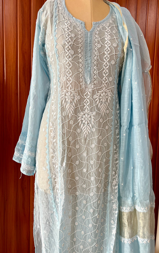 Sky Blue Mul chanderi Chikankari pearl embroidered kurta and dupatta