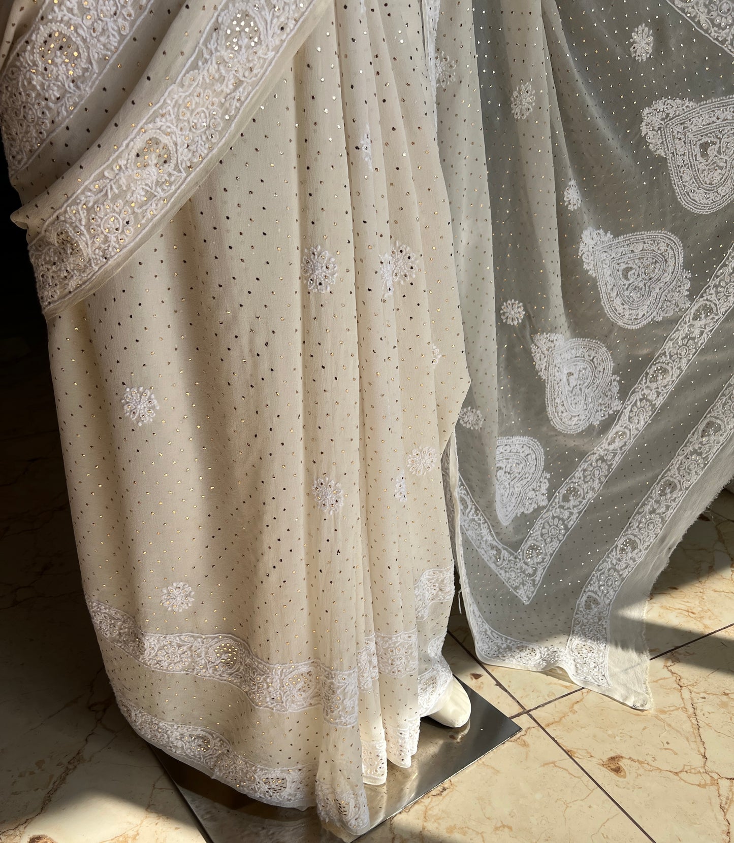 Ivory Ruhani Allover Fine Chikankari and Bareek Mukaish Saree