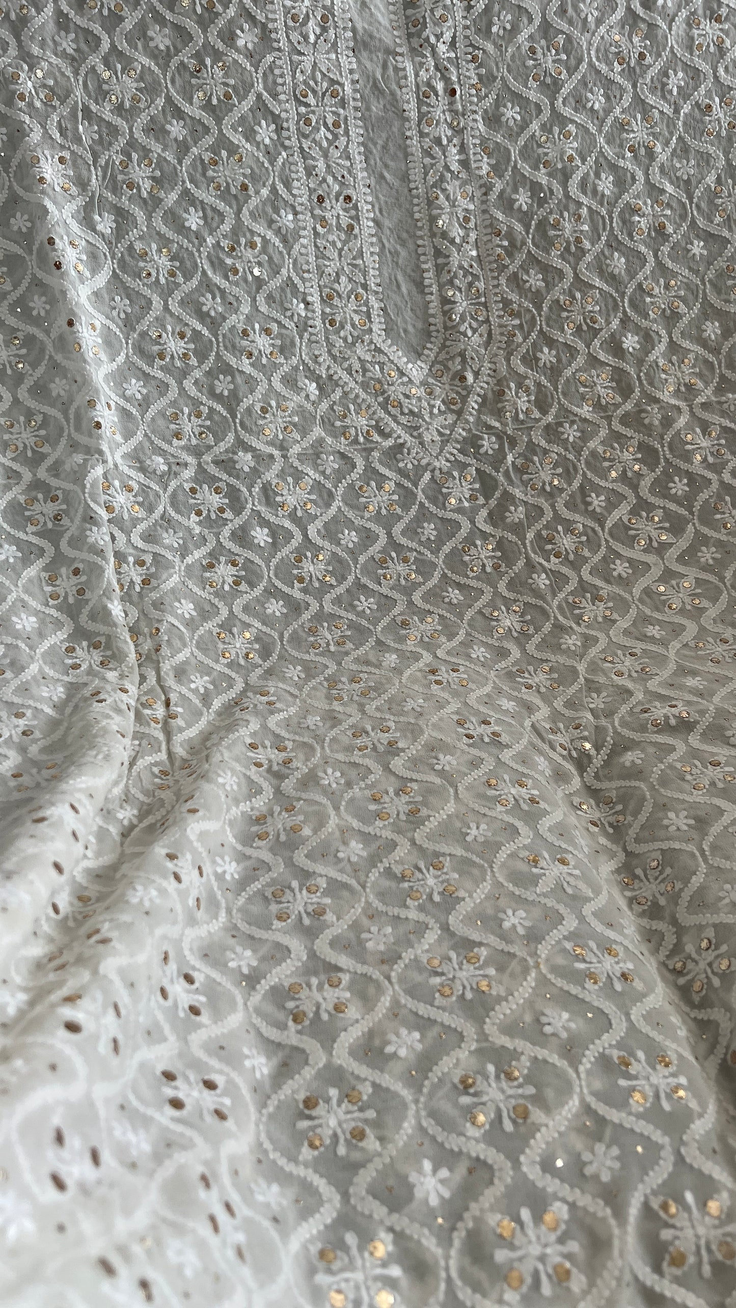 Ivory Pure Georgette Allover Chikankari and Mukaish Men's Kurta Fabric
