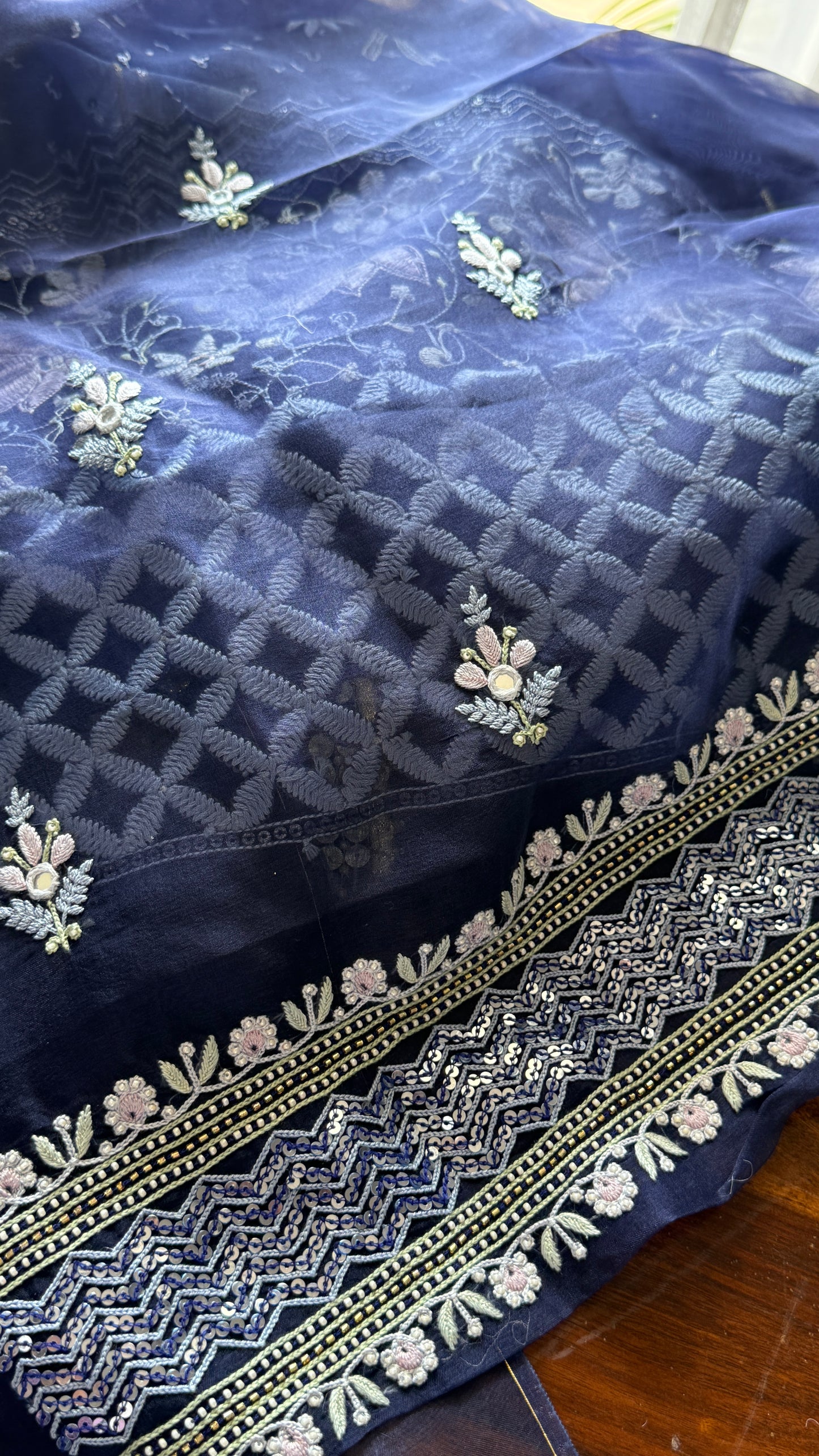 Ruhani Navy Blue fine Chikankari pure Organza kurta with dupatta