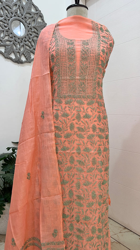 Orange Mul chanderi Chikankari embroidered kurta and dupatta
