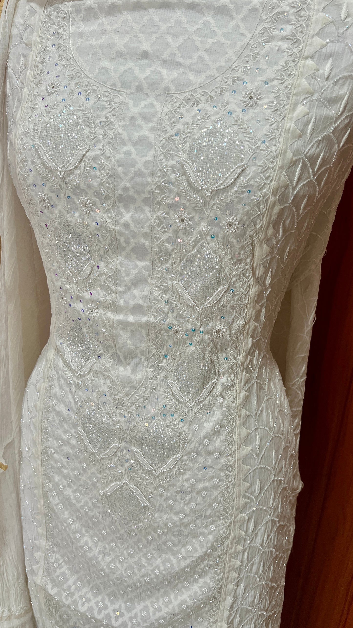 Ivory pearl and cut dana work mulmul kurta with dupatta
