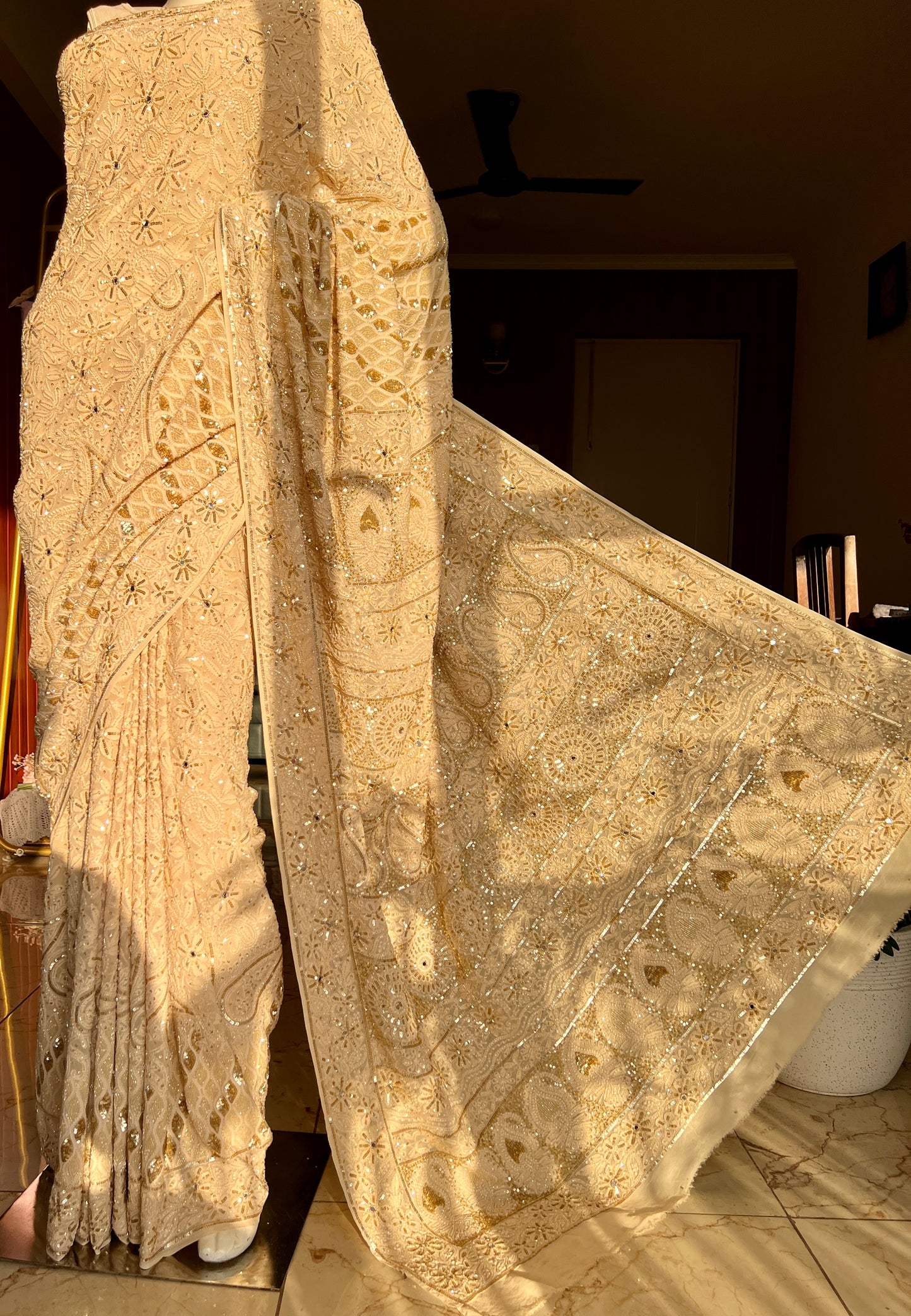 Ruhani Golden Beige Chikankari Sequins Cut Dana Embroidered Masterpiece Saree