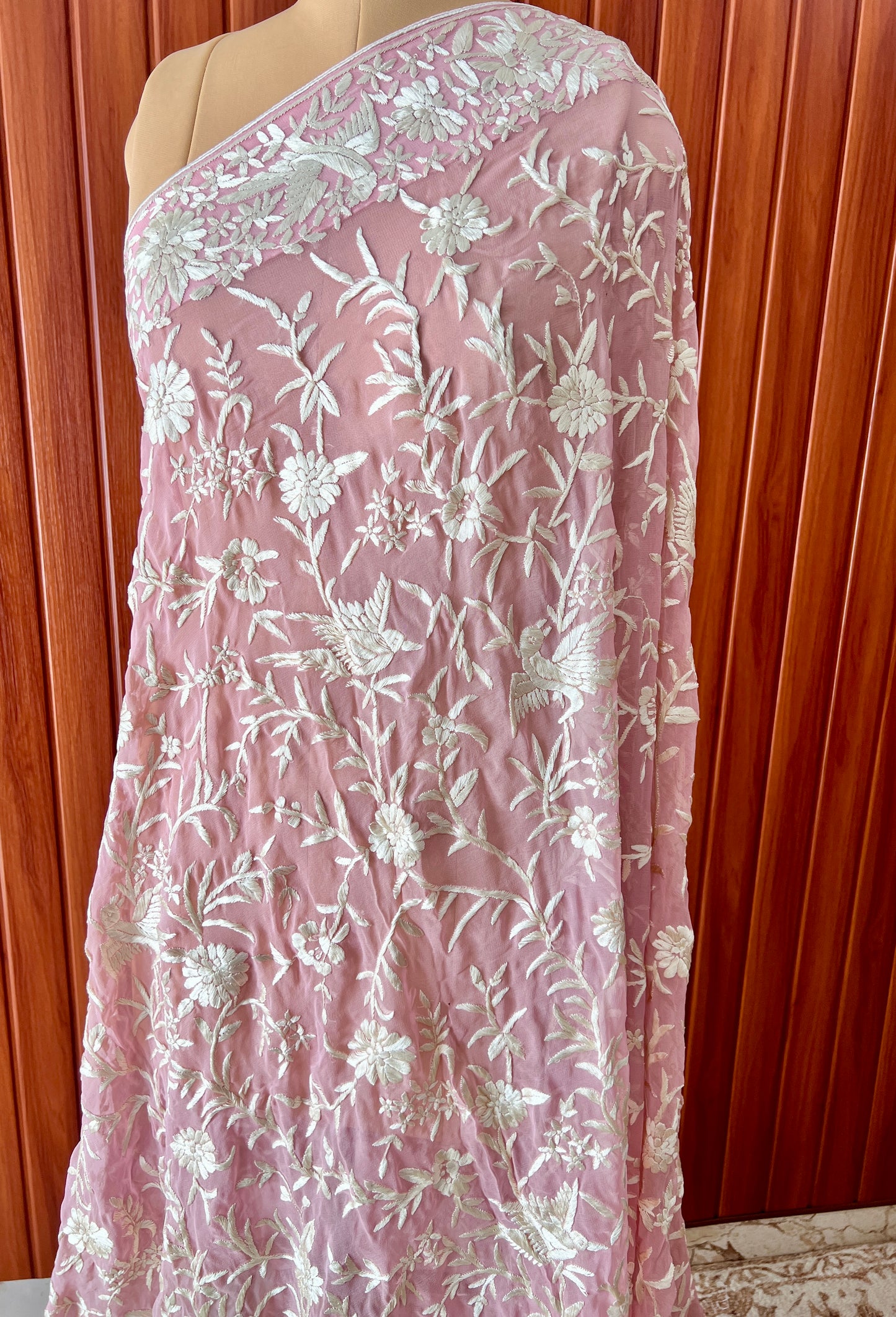 Pretty Pink Hand embroidered Parsi Gara Dupatta
