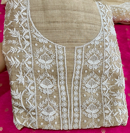 Pure Tussar silk Chikankari and pearl embroidered kurta and dupatta