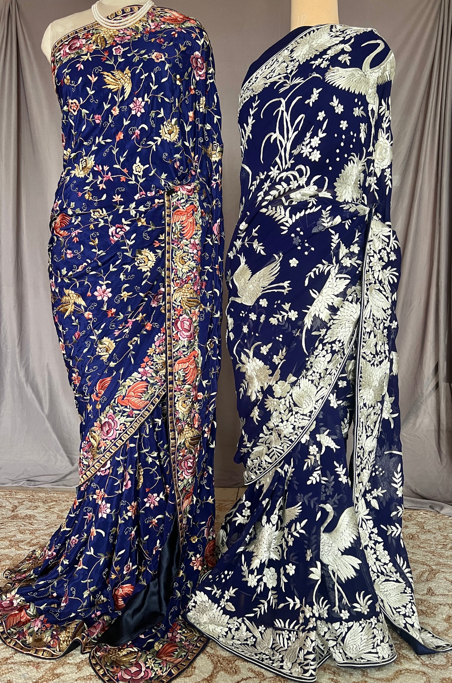 Navy Blue Masterpiece Parsi Gara Pure Crepe Saree