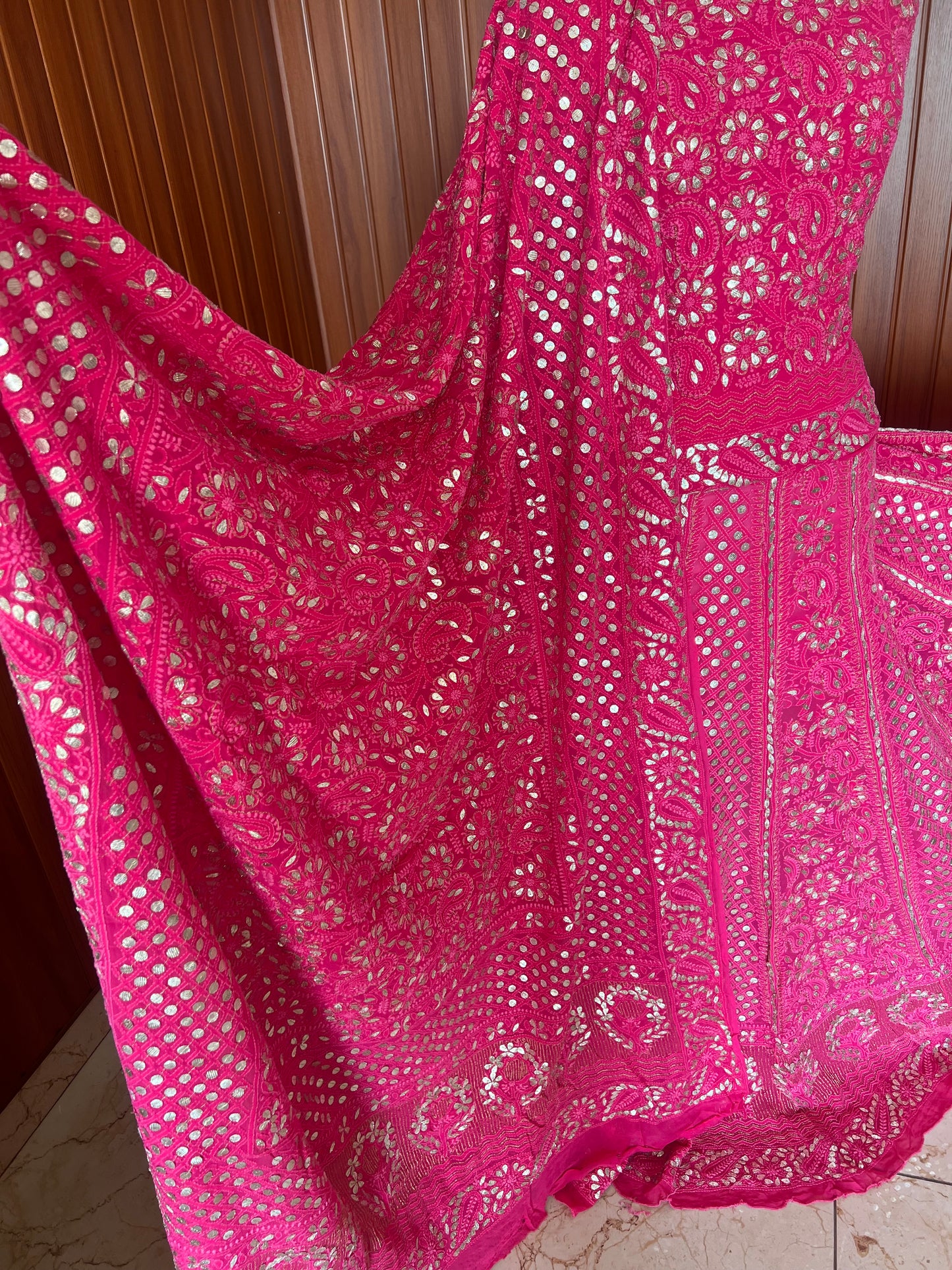 Hot Pink Chikankari and Gota Patti Georgette Lehenga Set