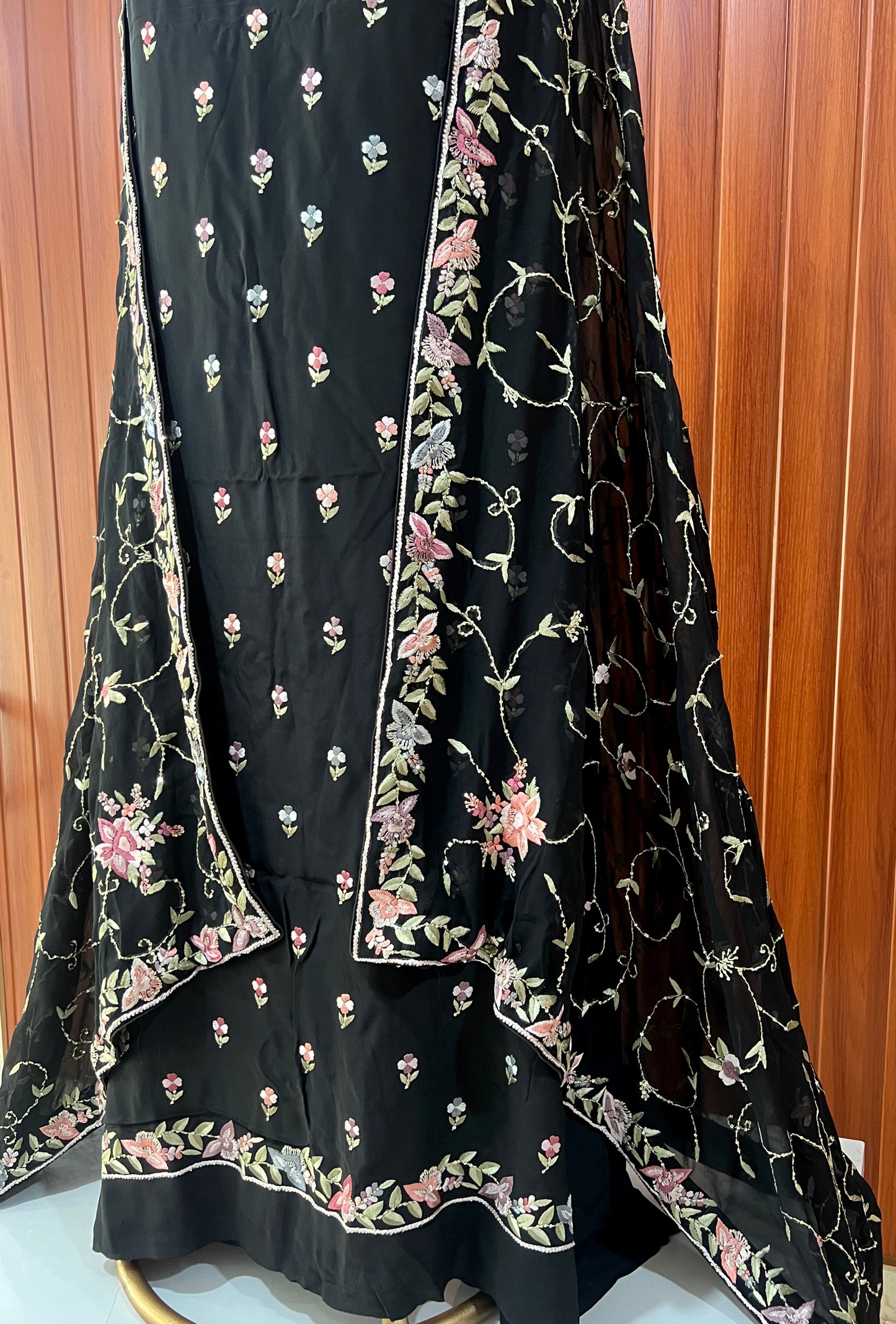 Black hand embroidered parsi gara pure crepe full suit