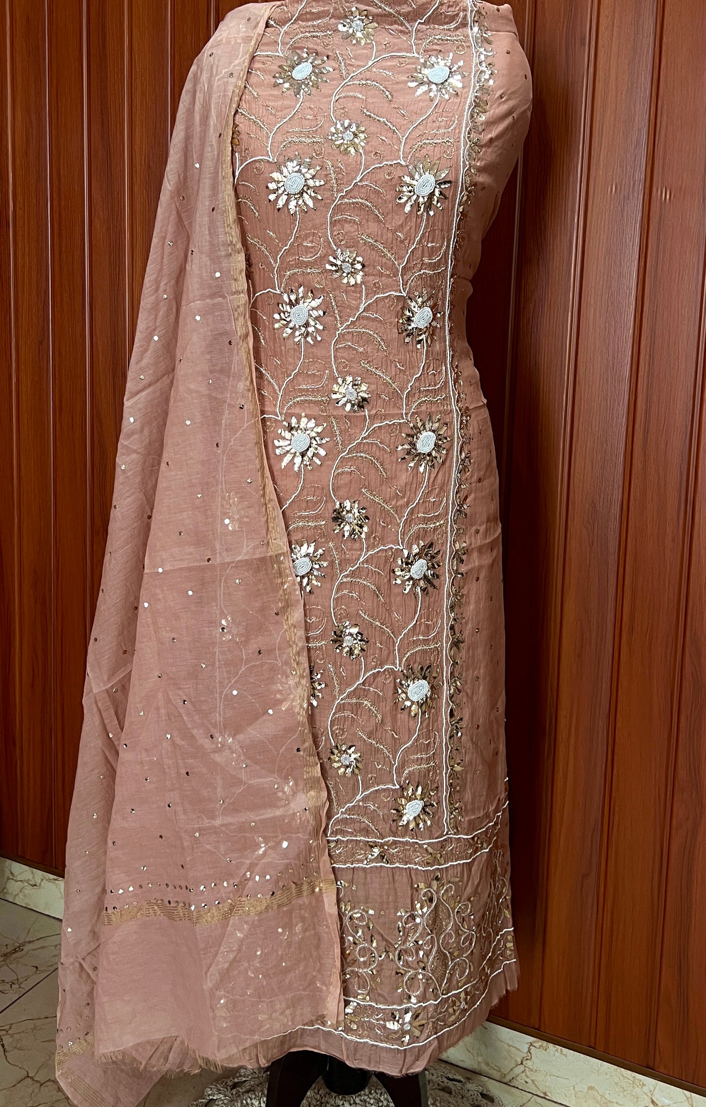 Cocoa brown Badla Mukaish and pearl work mulmul kurta with dupatta
