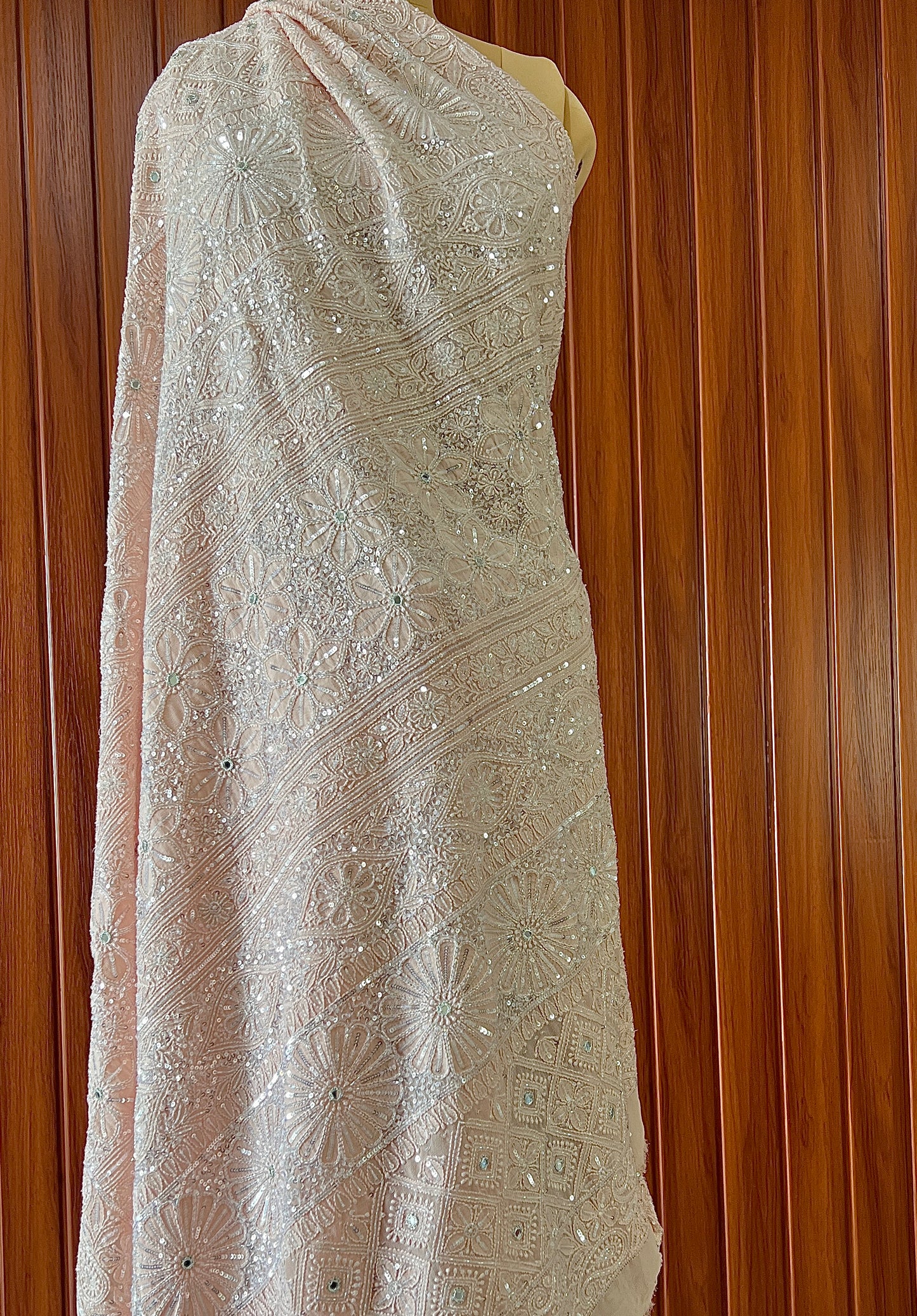 Ruhani Soft Peach Masterpiece Chikankari Cut Dana and Heavy Sequins Saree