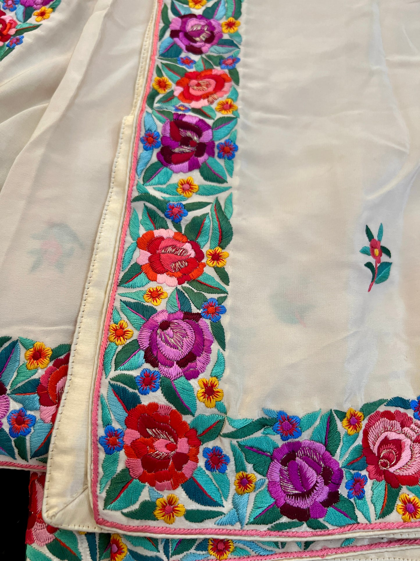 Cream Pure Crepe Dupatta With multicolored Parsi Gara Hand Embroidery