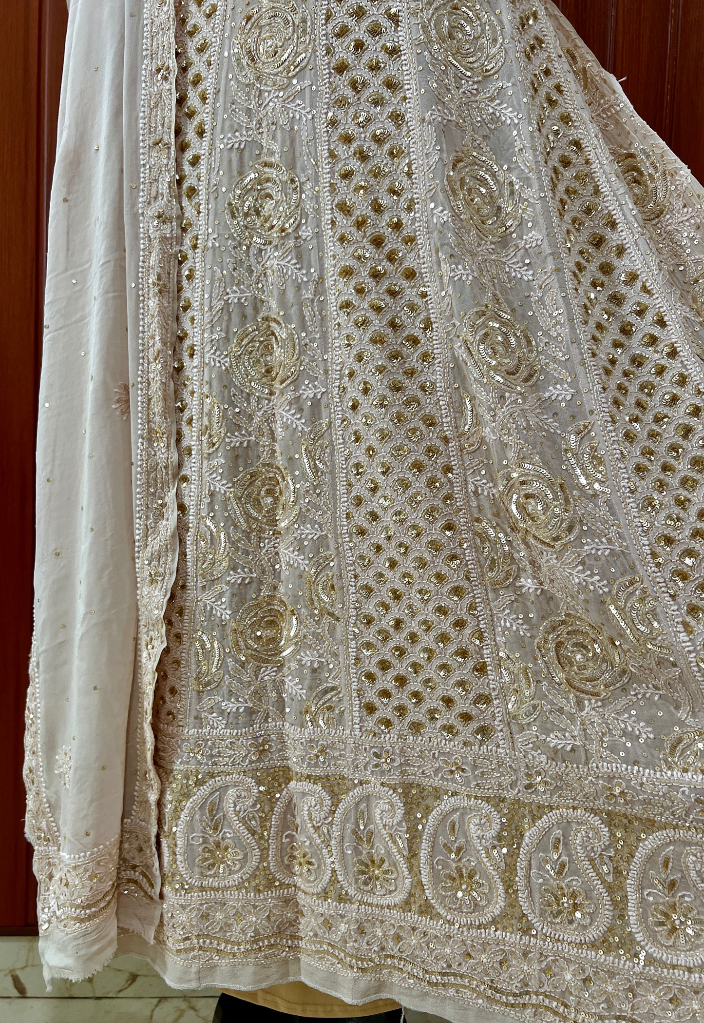 Ruhani Golden Beige Chikankari Sequins and Cut Dana Anarkali