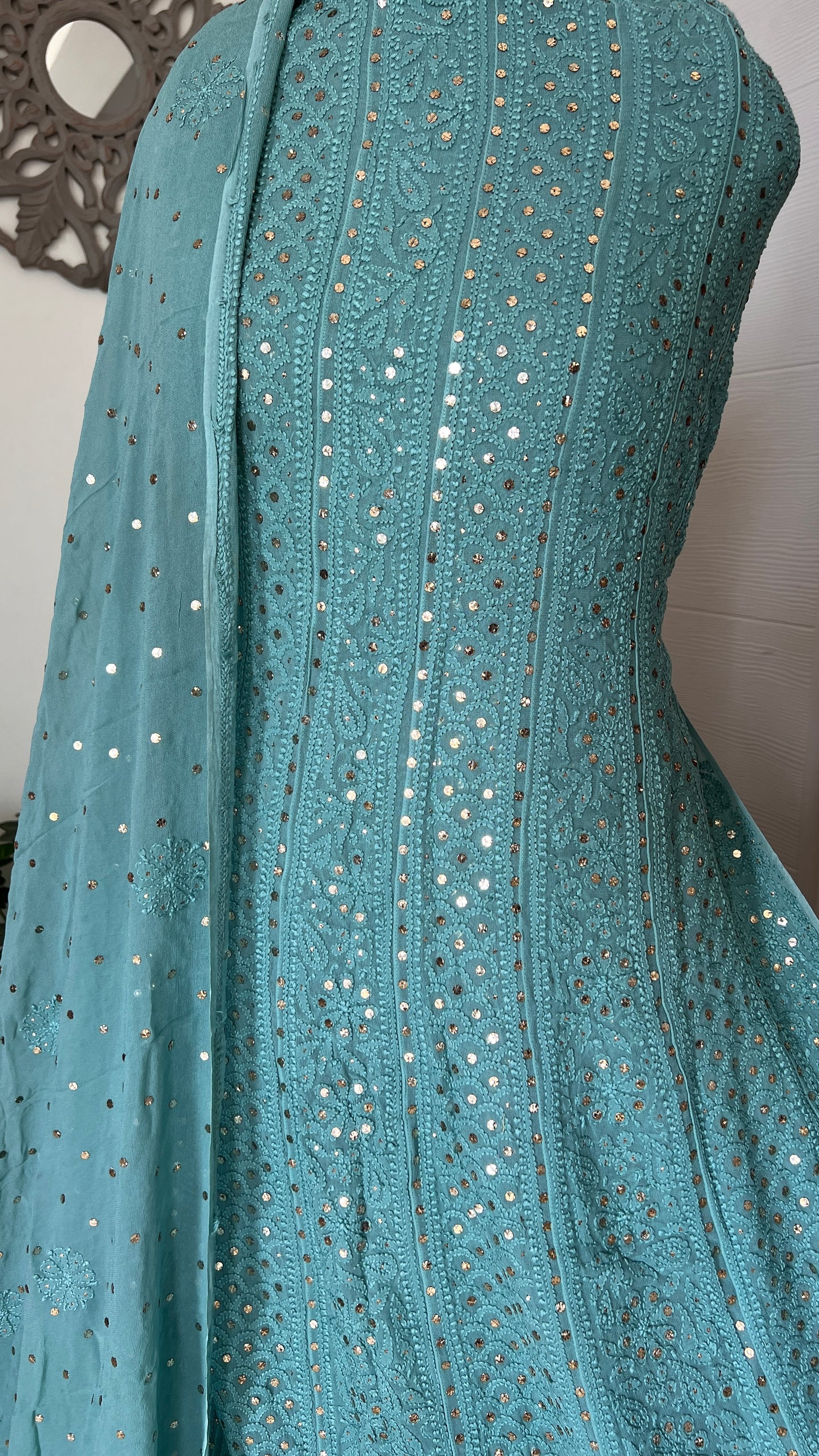 Ocean blue allover Chikankari and mukaish anarkali with dupatta