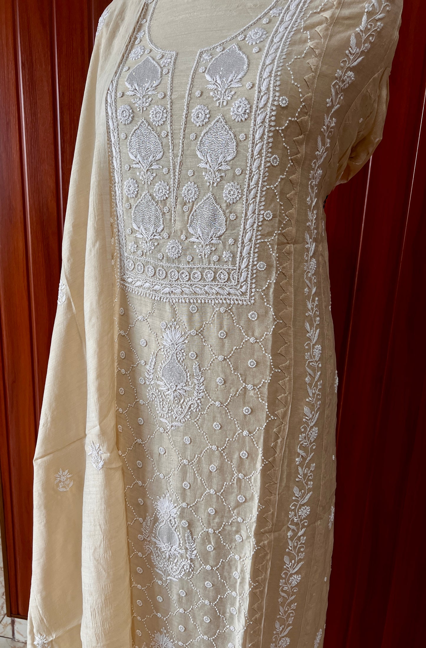 Munga silk Chikankari and pearl embroidered kurta and dupatta