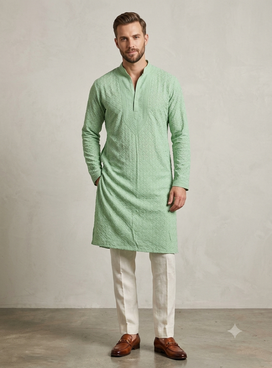 Green Allover Chikankari Men's Kurta Fabric
