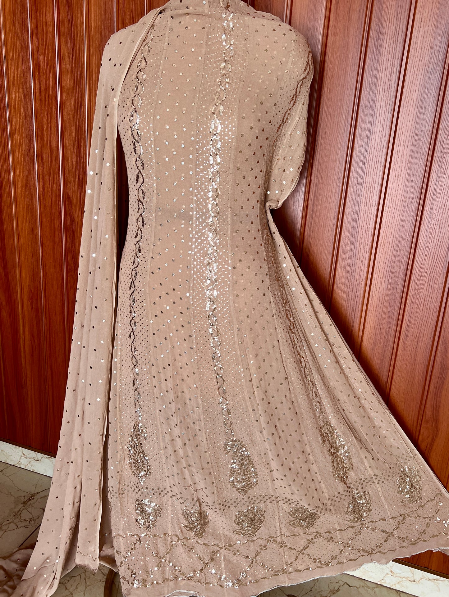 Nude Brown Allover Badla and Mukaish Anarkali with Dupatta