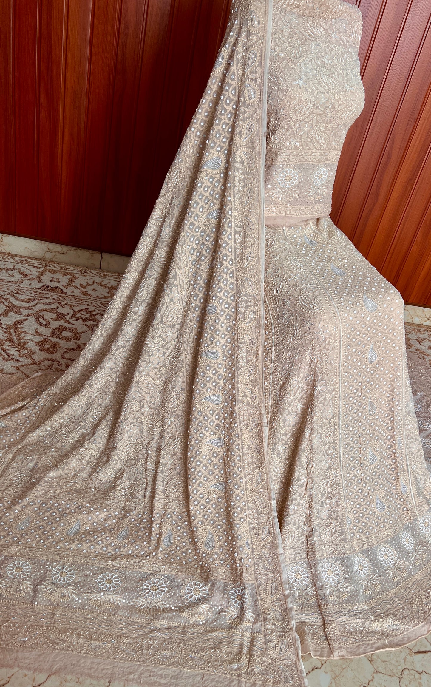 Ruhani Golden Beige Chikankari Cut Dana Pearl Sequins Wedding Lehenga