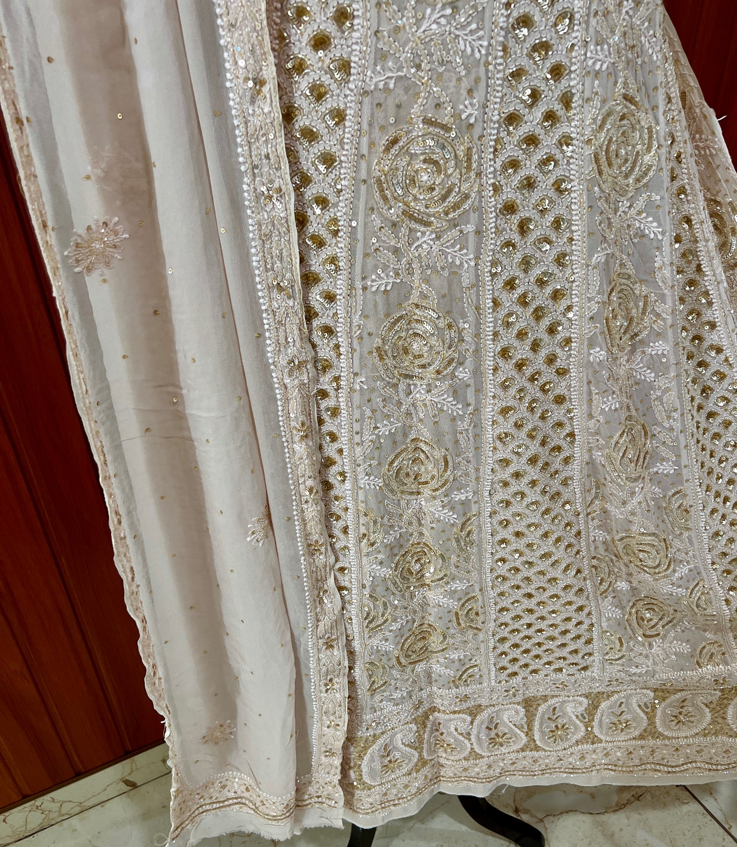 Ruhani Golden Beige Chikankari Sequins and Cut Dana Anarkali