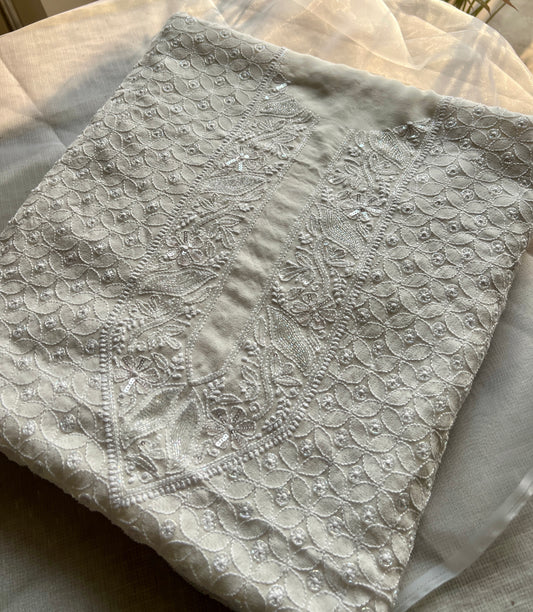 Ivory Pure Georgette Allover Chikankari and Cut dana sequins Men's Kurta Fabric