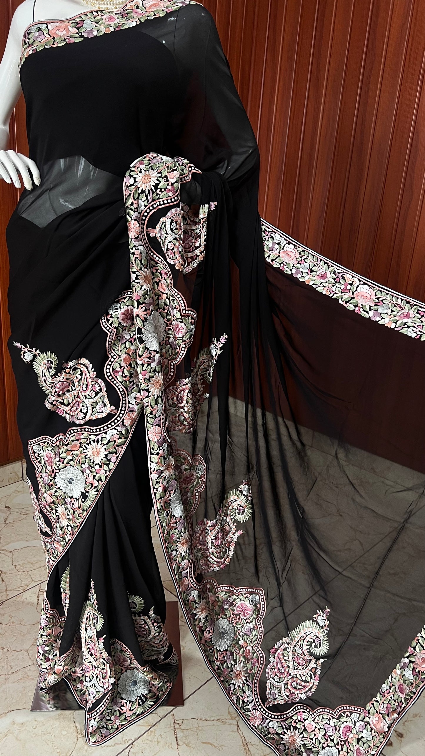 Black Masterpiece Parsi Gara Pure Georgette Saree