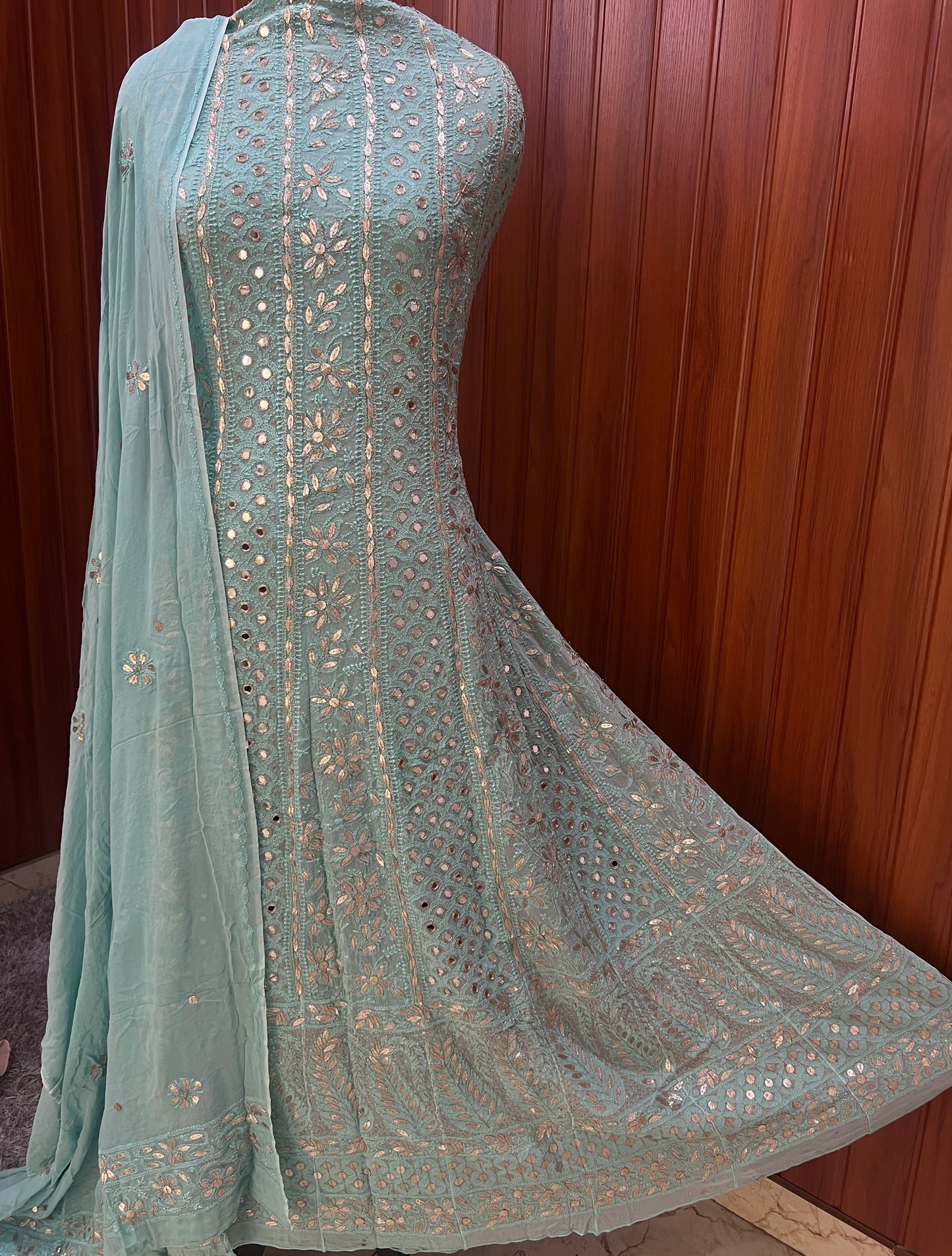 Cyan blue Chikankari Mirror Gota Patti Anarkali with Dupatta