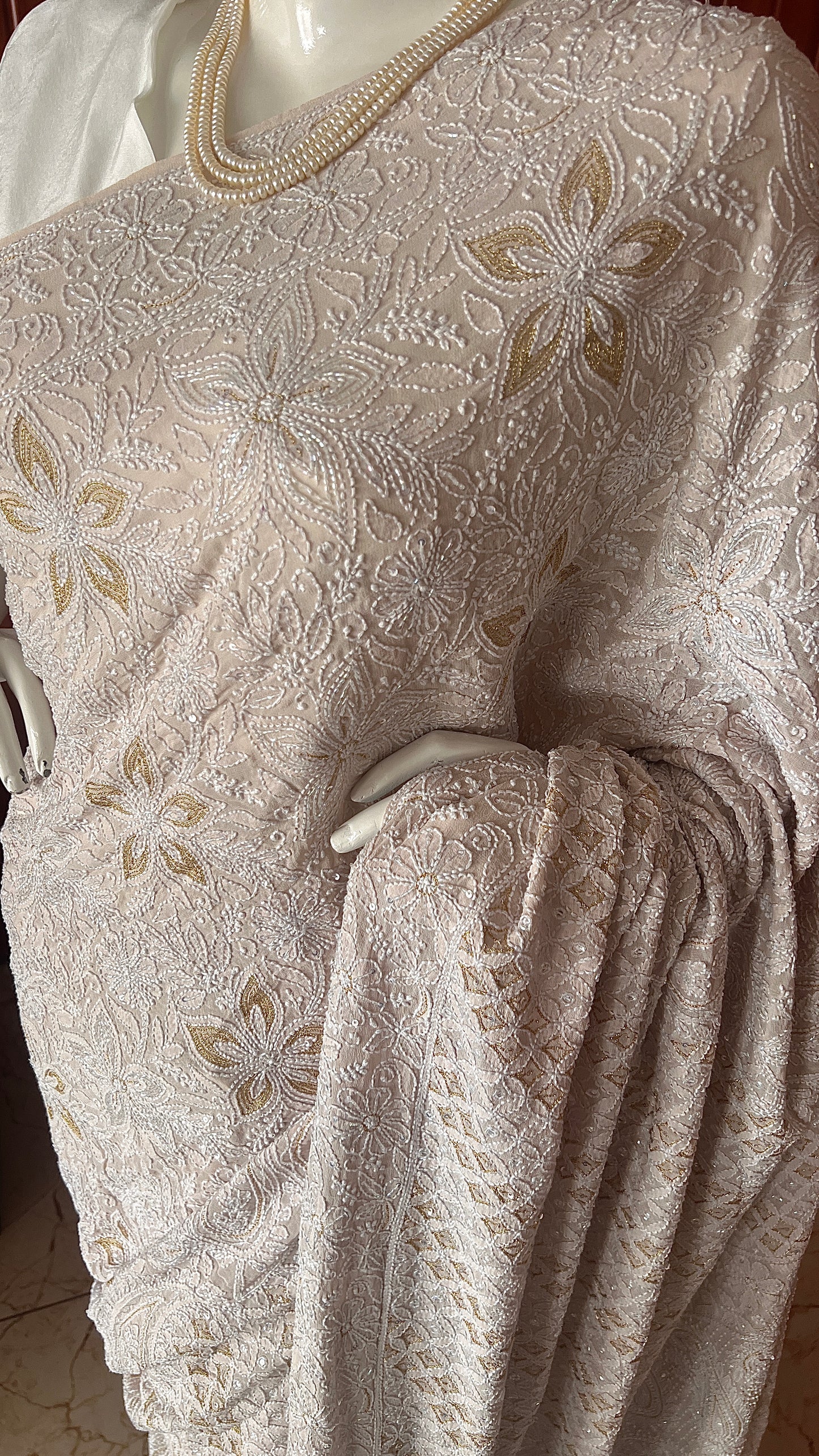 Ruhani Nude Champagne Chikankari and Cut Dana Saree