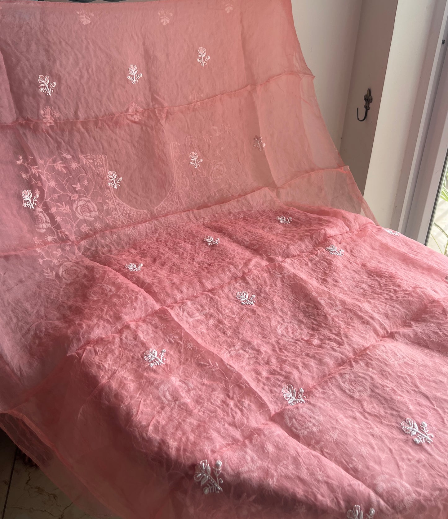 Gajri chikankari pearl cut Dana work pure Organza kurta with dupatta