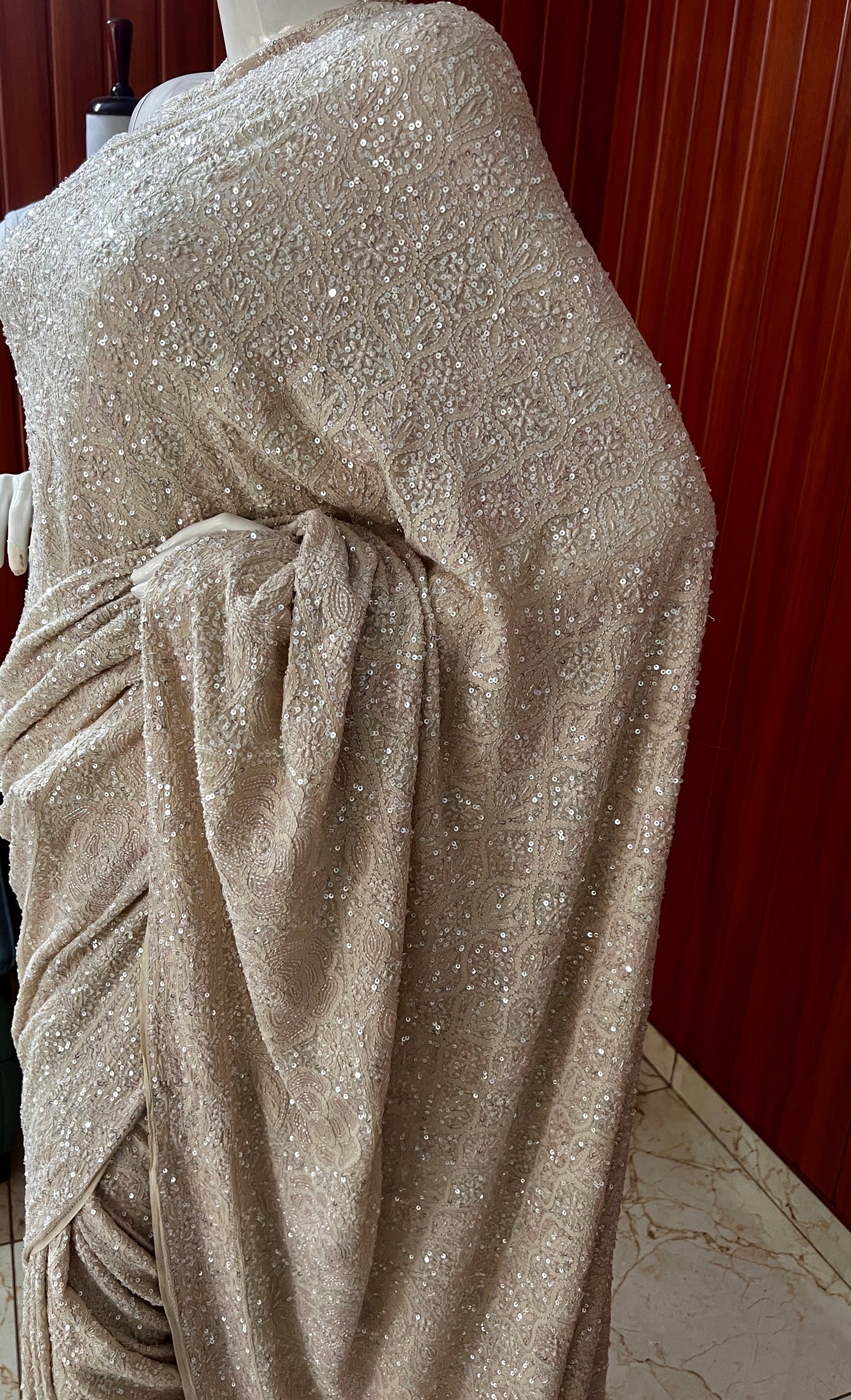 Ruhani Champagne Masterpiece Chikankari and heavy Sequins Saree
