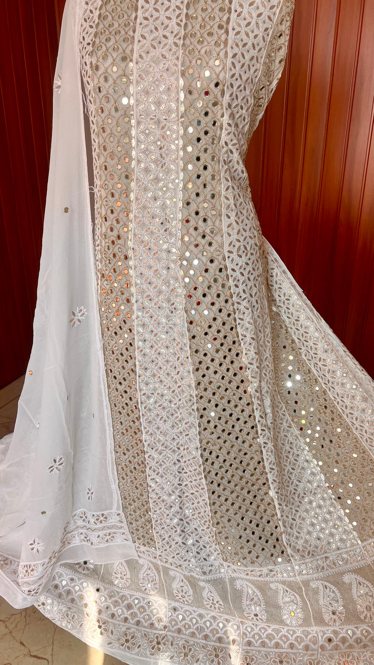 White Chikankari Mirror Gota Sequins Work Anarkali with Dupatta