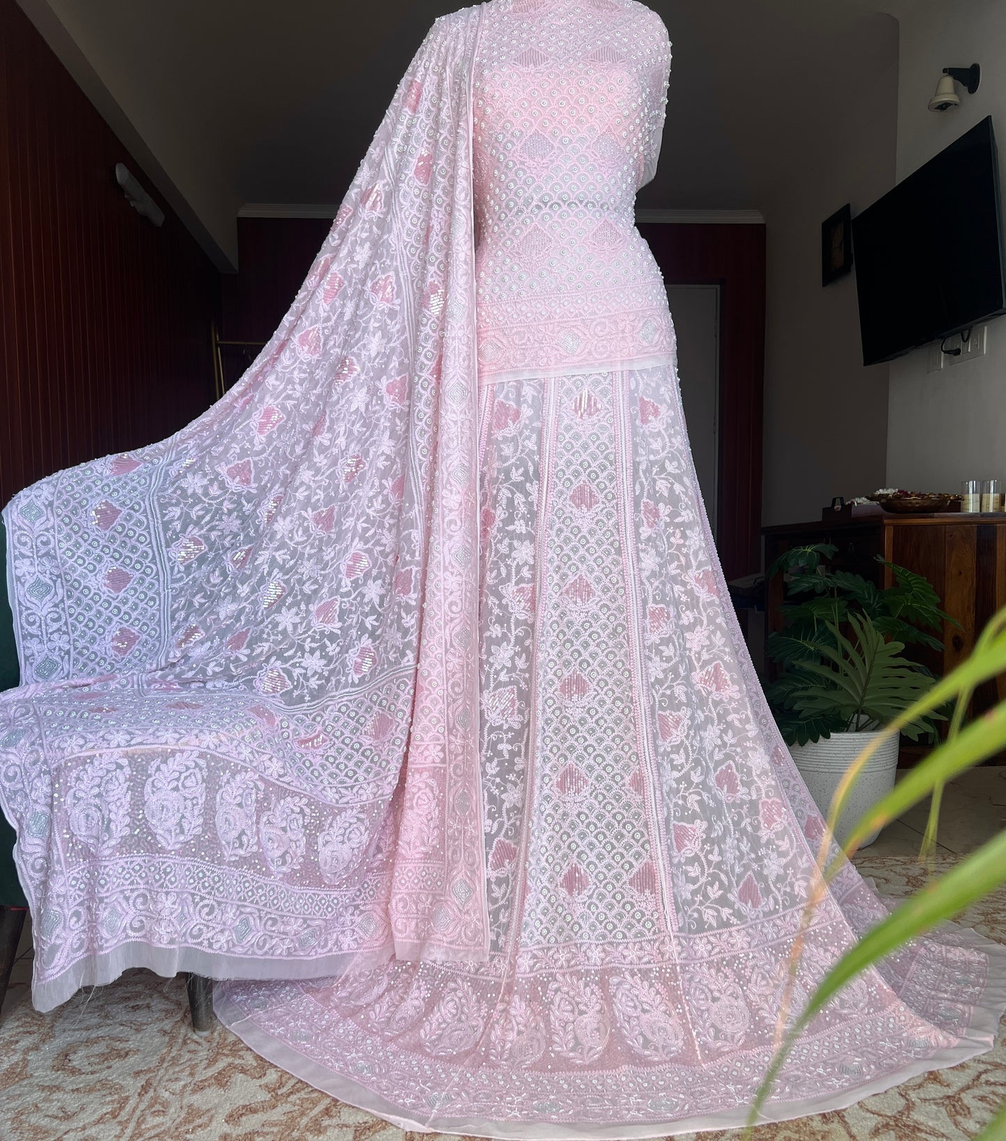 Ruhani Peachish Pink Chikankari Cut Dana Sequins Wedding Lehenga