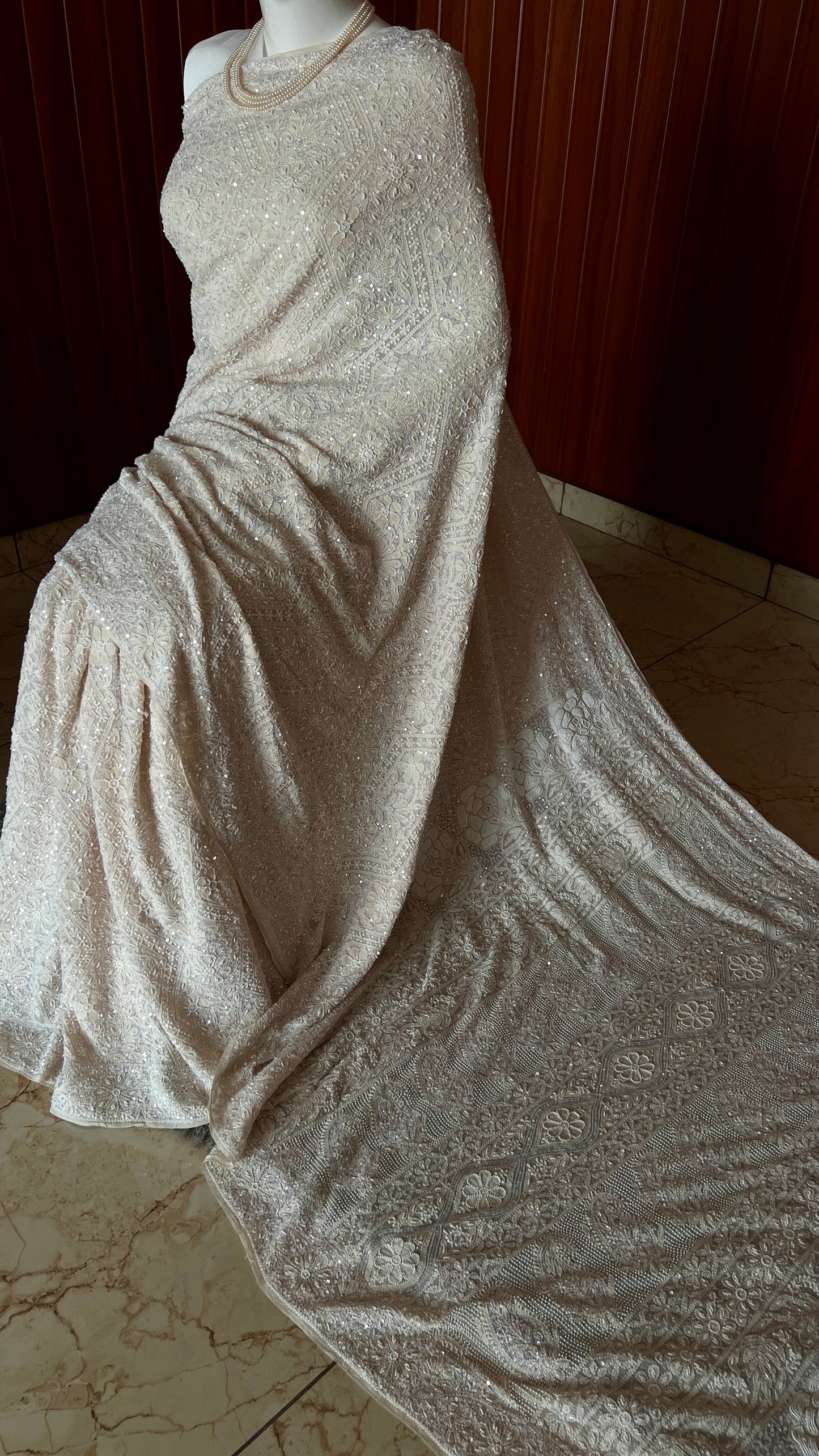 Ruhani Champagne Chikankari Cut Dana and Sequins Saree