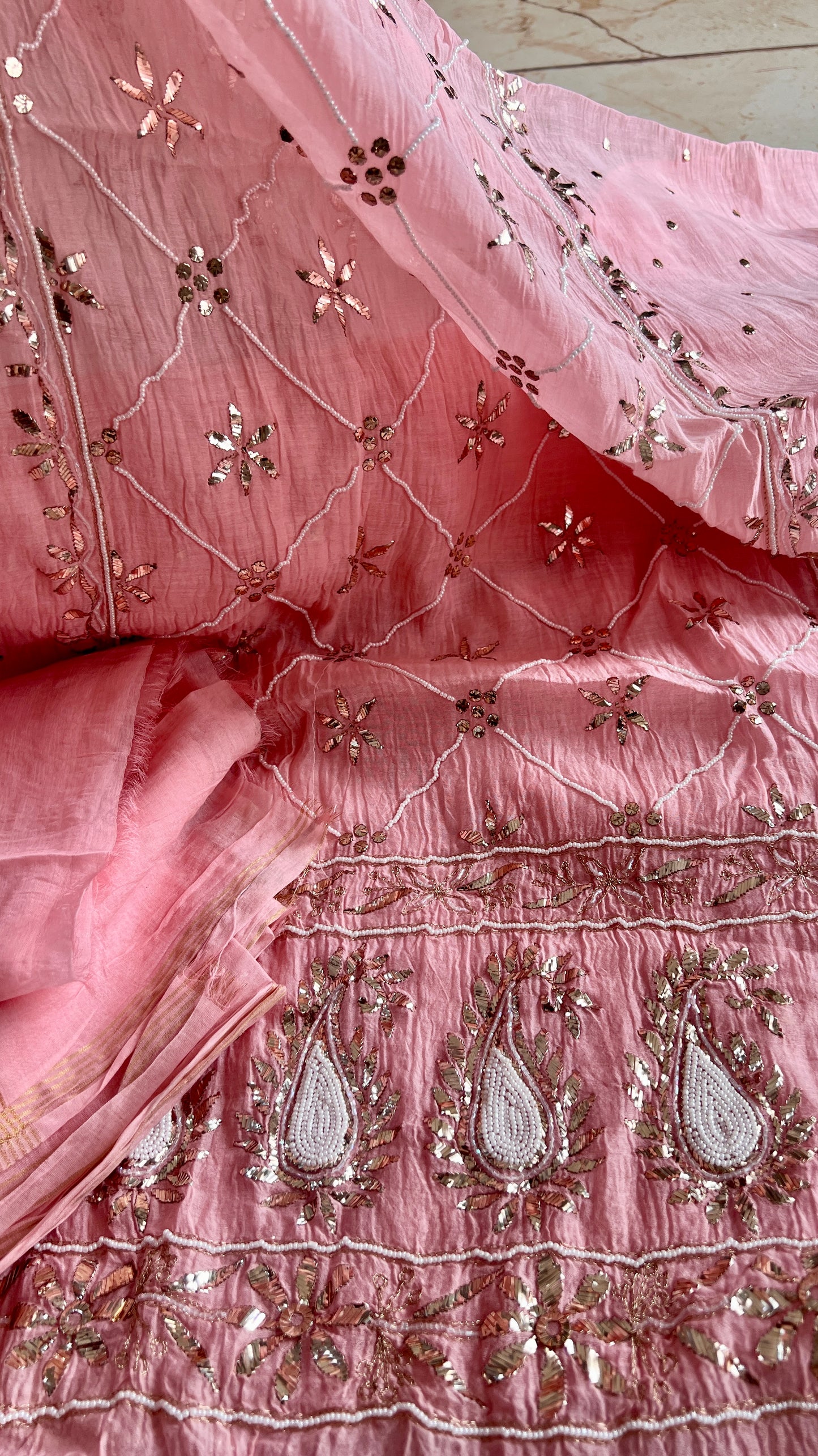 Rose Pink Badla Mukaish and pearl work mulmul kurta with dupatta