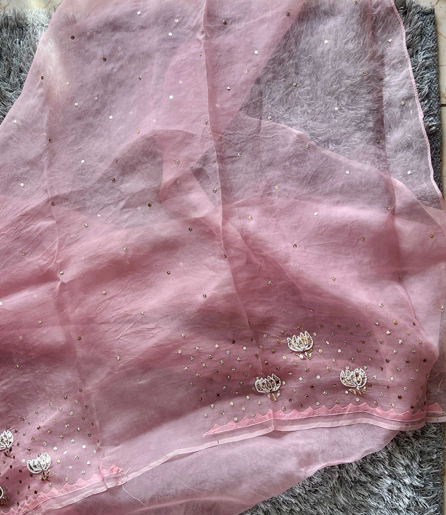 Ruhani pink Pure Organza Saree with pearl and Mukaish Work