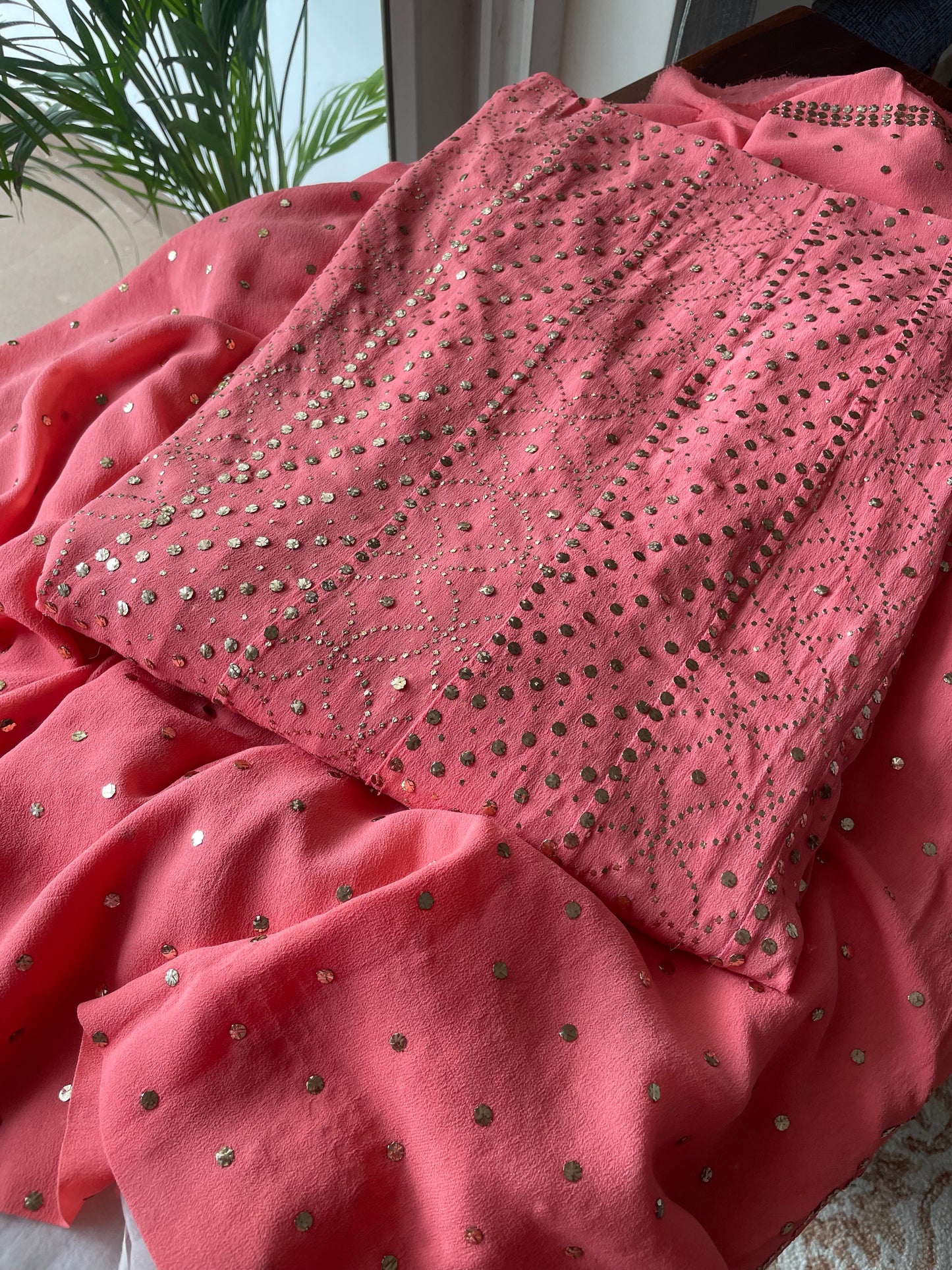 Ruhani Coral Pink Allover Designer Mukaish Pure Georgette Anarkali with Dupatta