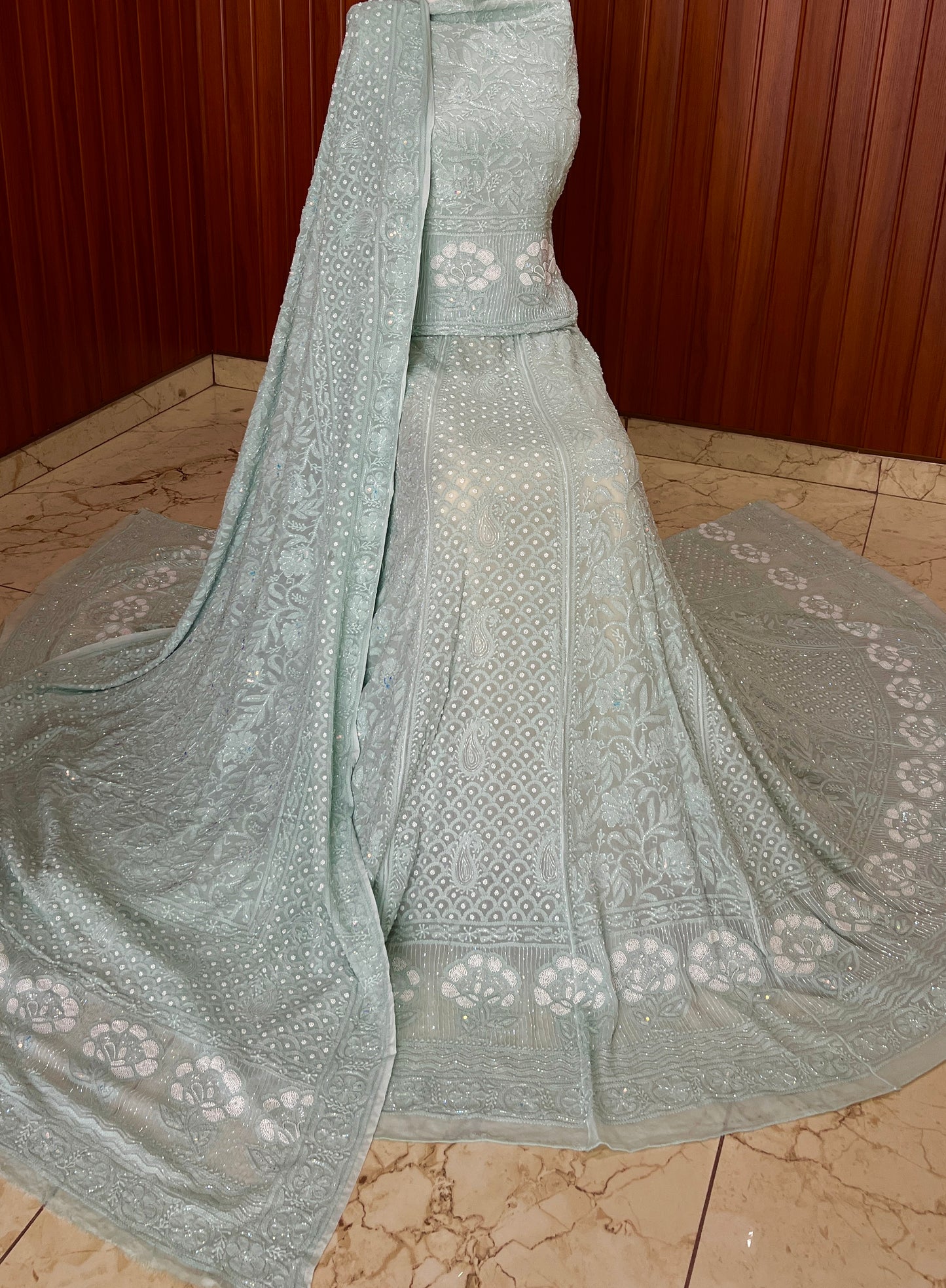 Ruhani Ice Mint Chikankari Cut Dana Pearl Sequins Wedding Lehenga