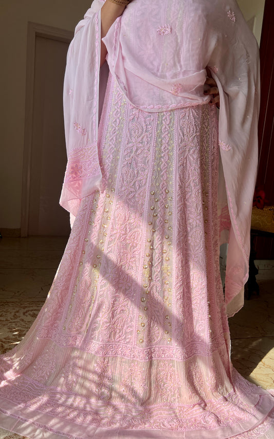 Pretty pink Chikankari Sequins Cut Dana pearl Anarkali