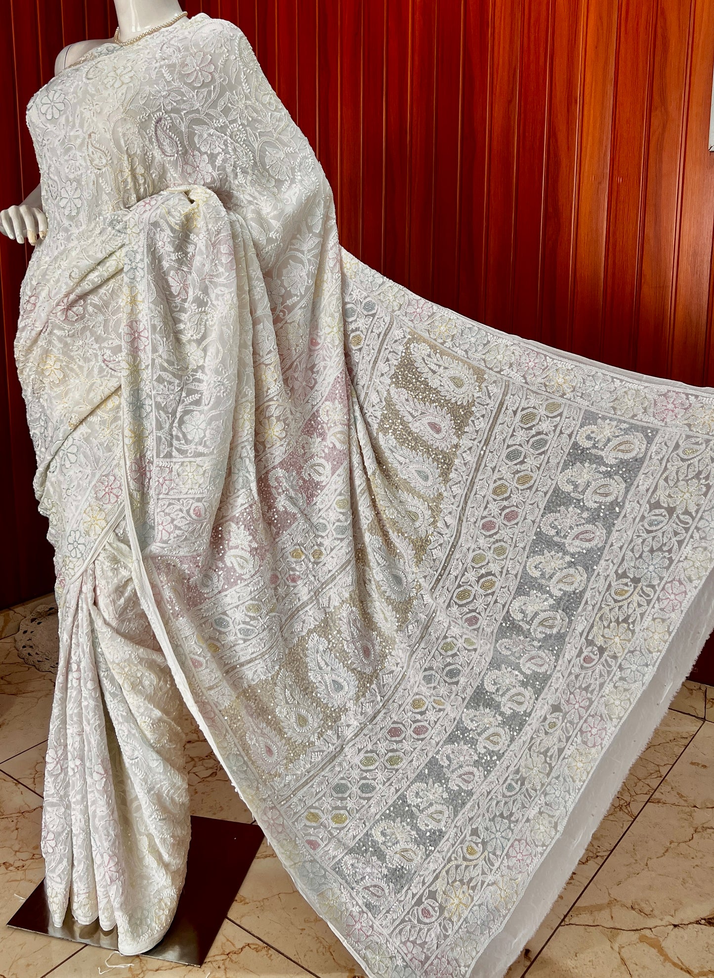 Ruhani White Chikankari and Multicolored Cut Dana Sequins Saree
